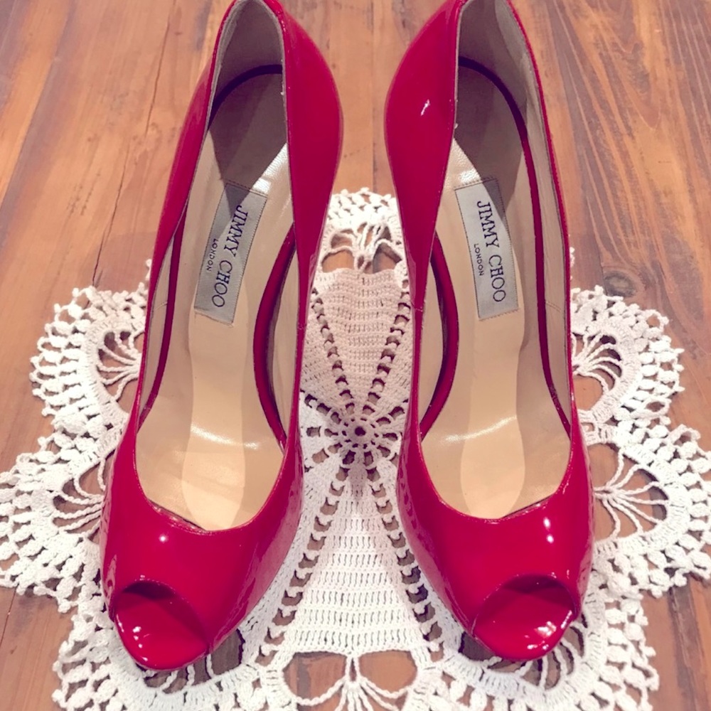 Jimmy Choo Red Patent Leather "Luna" Peep Toe 
Size 40